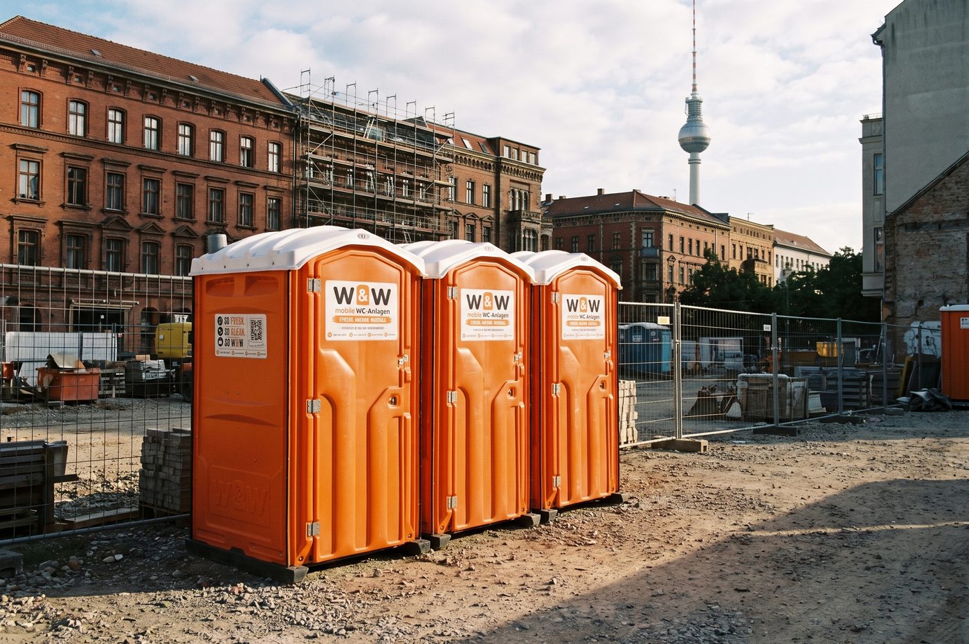 Three orange W&W toilet cabins on a construction site in Berlin, the TV tower in the background